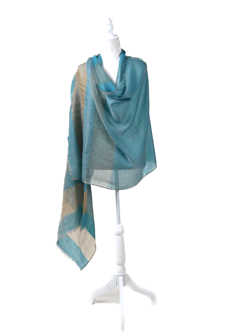 Pure Vicuña shawl in pale blue with old gold stripe; exquisitely soft, lightweight and warm; 200 x 70 cm
