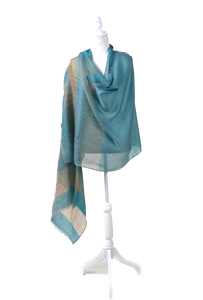 Pure Vicuña shawl in pale blue with old gold stripe; exquisitely soft, lightweight and warm; 200 x 70 cm