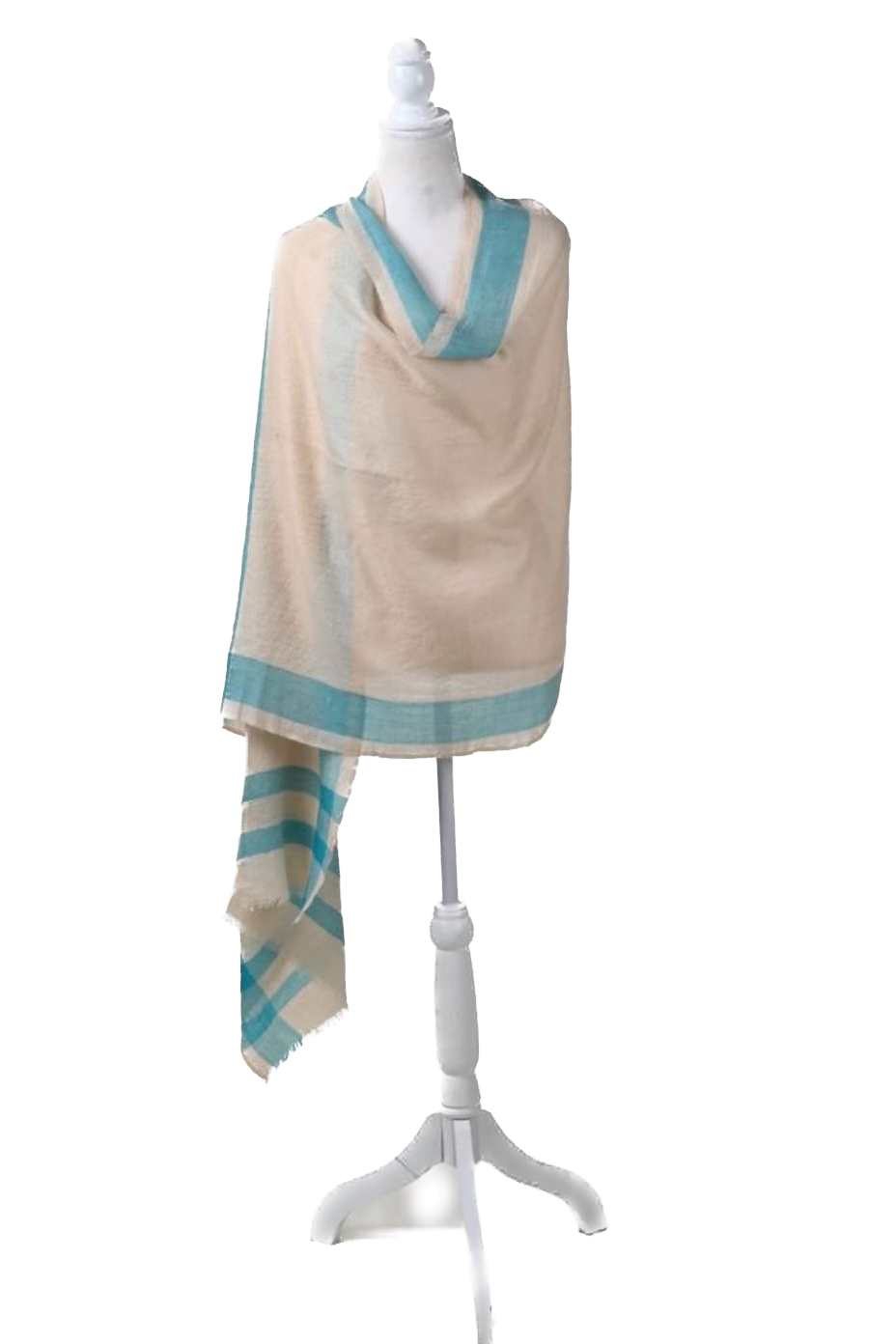 Pure Vicuña Scarf in Natural with Turquoise Stripe, Finest Handwoven, Unisex, 200 x 70 cm
