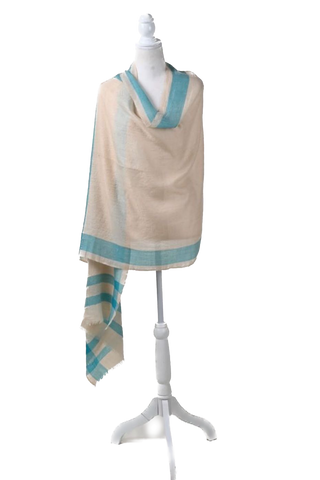 Pure Vicuña Scarf in Natural with Turquoise Stripe, Finest Handwoven, Unisex, 200 x 70 cm