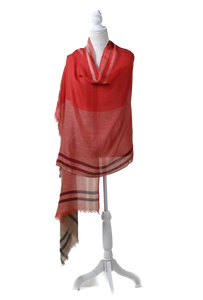 Pure Vicuña Scarf in Red with Dark Stripe Edge, Finest Handwoven, Unisex