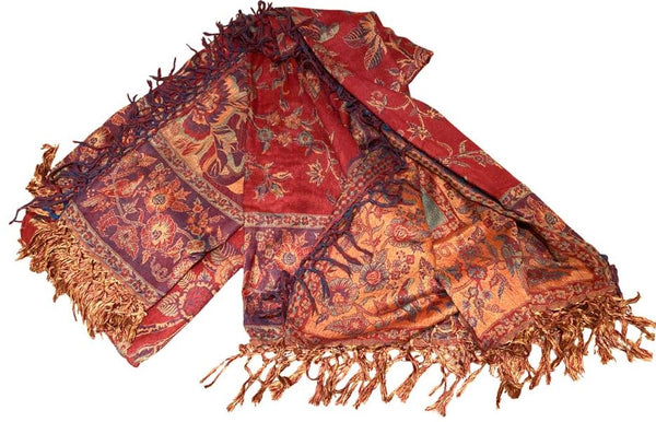 Reversible Cashmere bedspread or throw in Reds, Greens & Gold - exotic plants & animals design, handwoven