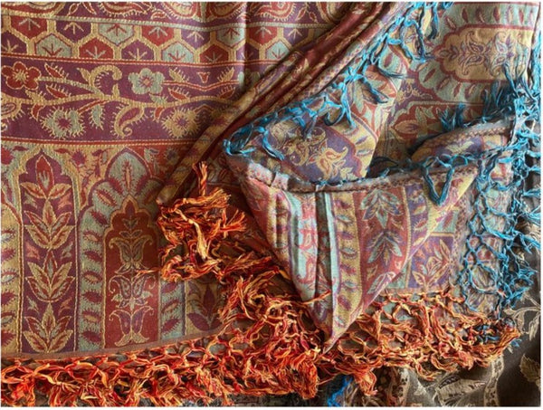 Reversible Cashmere wrap, throw or bedspread in red, turquoise and purple paisley - handwoven