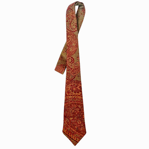 handwoven tie in cashmere and silk, red and gold paisley