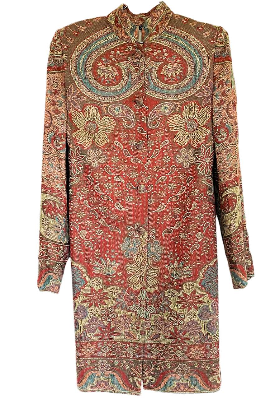 Cashmere and Silk jacket, floral paisley handwoven - pastel Red  Blue front