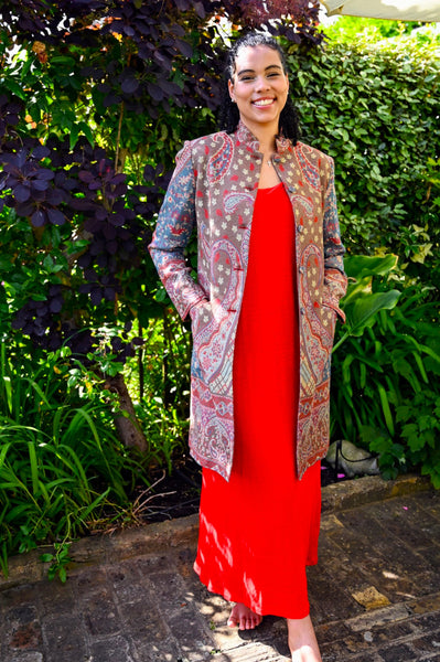 Paisley-dapple cashmere-silk jacket in browns, pinks and turquoise, nehru collar, handwoven, fully lined, Nelly front open