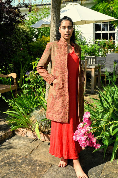 Henna-longline-jacket-camel-merino-wool-red-green-paisley-Nelly1