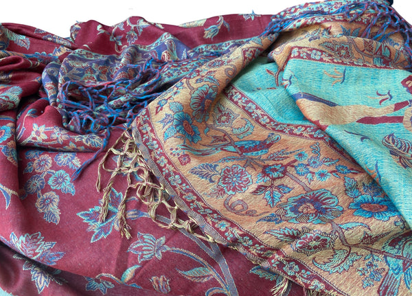 Reversible Cashmere bedspread or throw in Reds, Greens & Gold - exotic plants & animals design, handwoven