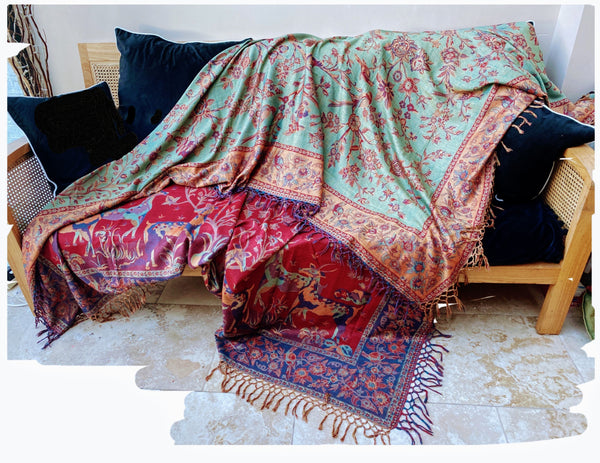 Cashmere & Silk Bespread-Throw in 'Jangalee' in Reds, Gold and Sage, reversible, handwoven