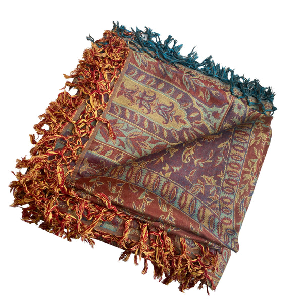 Reversible Cashmere wrap, throw or bedspread in red, turquoise and purple paisley - handwoven