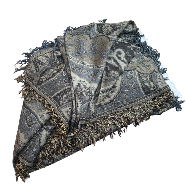 Double-sided Cashmere bedspread or throw in black-silver paisley, handwoven