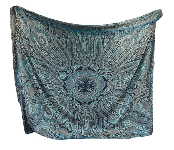 Reversible Cashmere bedspread or throw in black and turquoise, paisley - handwoven