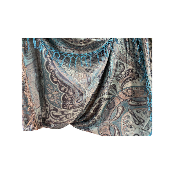 Reversible Cashmere bedspread or throw in black and turquoise, paisley - handwoven