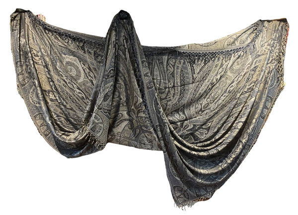 Double-sided Cashmere bedspread or throw in black-silver paisley, handwoven