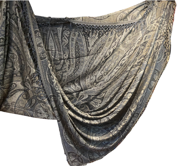 Double-sided Cashmere bedspread or throw in black-silver paisley, handwoven