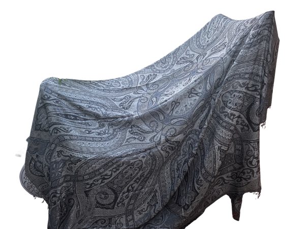 Double-sided Cashmere bedspread or throw in black-silver paisley, handwoven