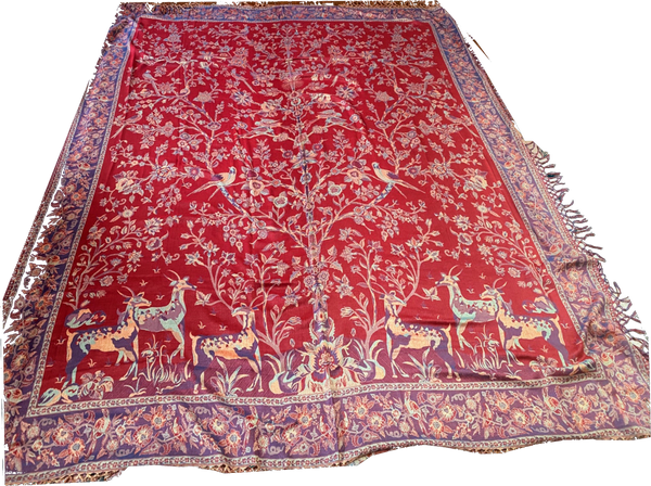 Reversible Cashmere bedspread or throw in Reds, Greens & Gold - exotic nature design, handwoven