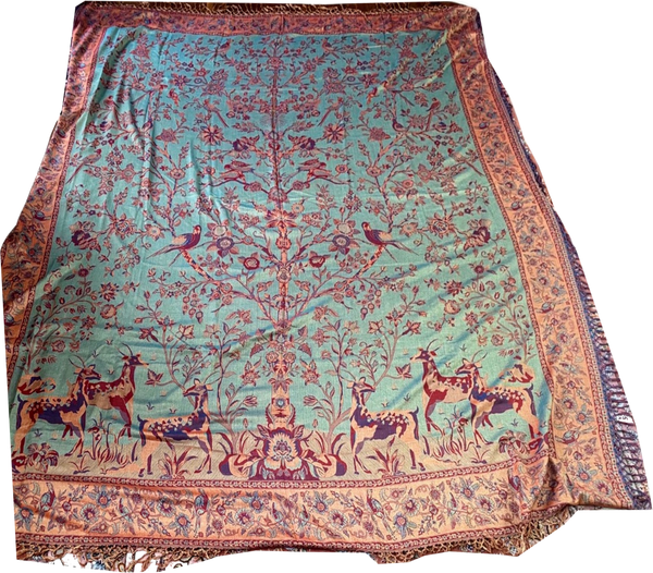 Reversible Cashmere bedspread or throw in Reds, Greens & Gold - exotic nature design, handwoven