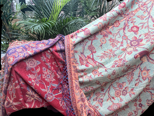 Reversible Cashmere bedspread or throw in Reds, Greens & Gold - exotic nature design, handwoven