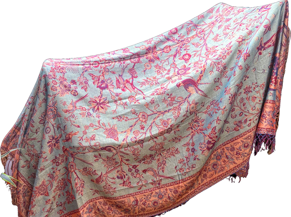 Reversible Cashmere bedspread or throw in Reds, Greens & Gold - exotic nature design, handwoven