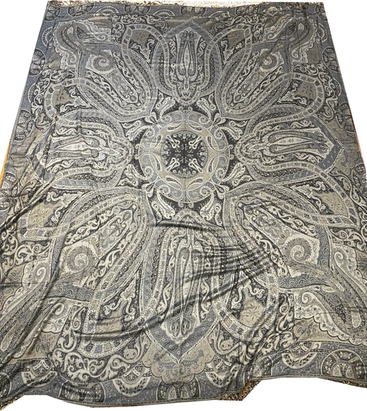 Double-sided Cashmere bedspread or throw in black-silver paisley, handwoven