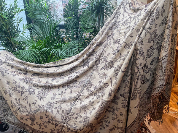 Reversible Cashmere bedspread or throw in Browns & Gold - exotic nature design, handwoven