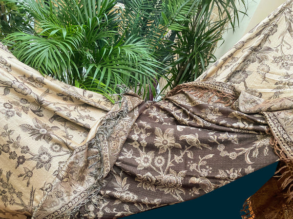 Reversible Cashmere bedspread or throw in Browns & Gold - exotic nature design, handwoven