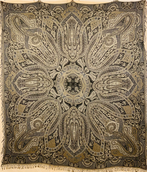 Double-sided Cashmere bedspread or throw in black-silver paisley, handwoven