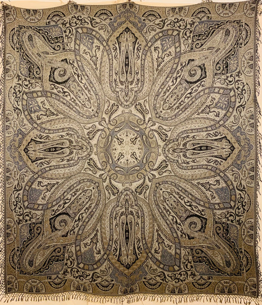 Reversible Cashmere wrap or throw in black, gold & silver paisley, handwoven