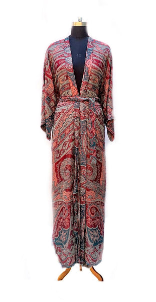 Mira Paisley Robe in Cashmere & Silk, reversible, red base front