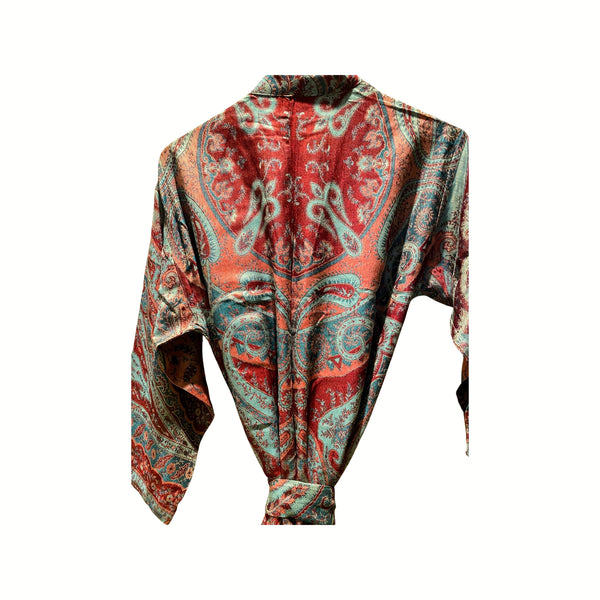Mira Paisley Robe in Cashmere & Silk, reversible, red-back