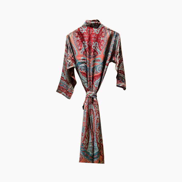 Mira Paisley Robe in Cashmere & Silk, reversible, red back