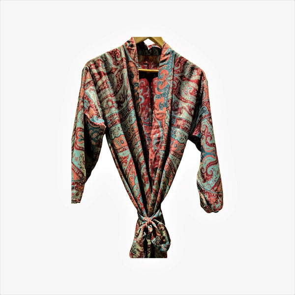 Mira Paisley Robe in Cashmere & Silk, reversible, turquoise-front