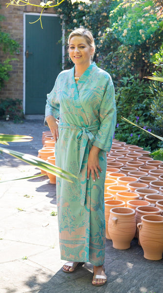 Neela robe long cardigan in cashmere and silk, pastel turquoise tropical design, handwoven