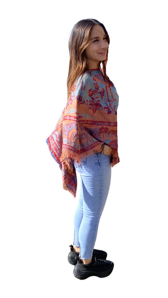 Jangalee Reversible Poncho in Tropical Red & Turquoise, Cashmere & Silk