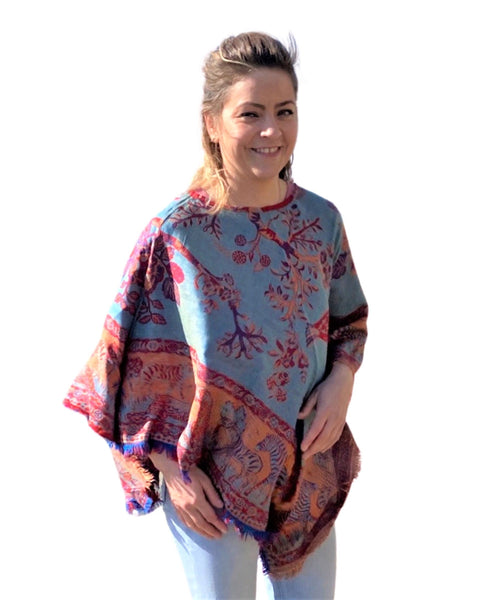 Jangalee Reversible Poncho in Tropical Red & Turquoise, Cashmere & Silk-turquoise base