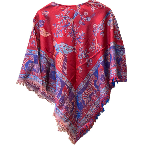 Jangalee Reversible Poncho in Tropical Red & Turquoise, Cashmere & Silk - red side