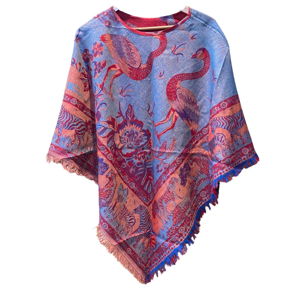 Jangalee Reversible Poncho in Tropical Red & Turquoise, Cashmere & Silk-turquoise-side