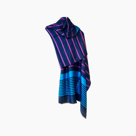 Pure Vicuña Scarf in Navy, Turquoise and Magenta Stripes, Finest Handwoven, Unisex