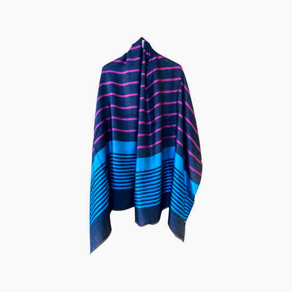 Pure Vicuña Scarf in Navy, Turquoise and Magenta Stripes, Finest Handwoven, Unisex