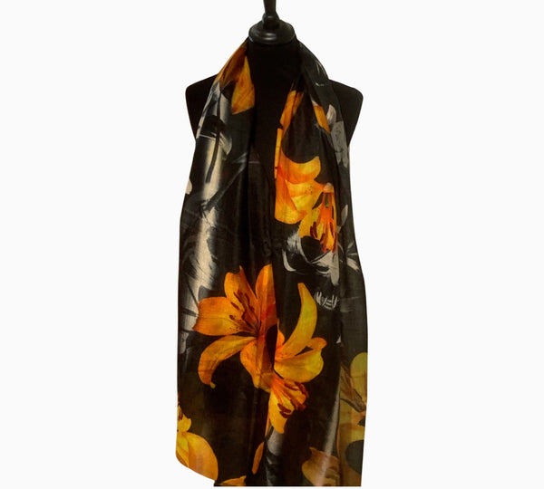 Pure Vicuña  Scarf - Tiger Lilies on Black, Finest Handwoven, Unisex
