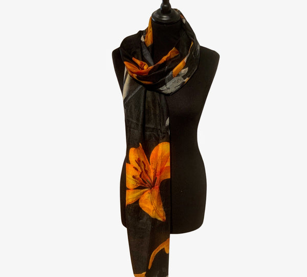 Pure Vicuña  Scarf - Tiger Lilies on Black, Finest Handwoven, Unisex
