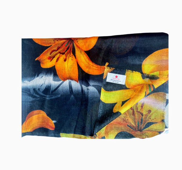 Pure Vicuña  Scarf - Tiger Lilies on Black, Finest Handwoven, Unisex
