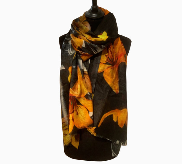 Vicuna Shawl - TigerLilies on Black, Finest Handwoven, unisex