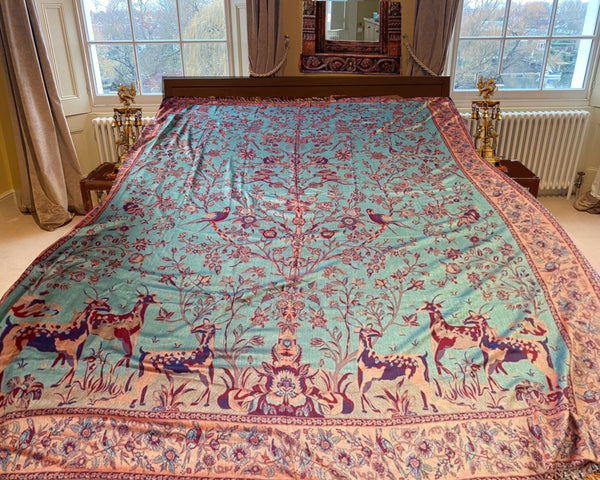 Reversible Cashmere bedspread or throw in Reds, Greens & Gold - exotic nature design, handwoven