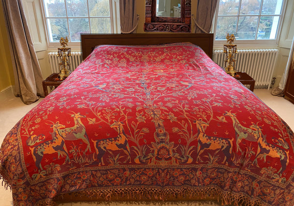 Reversible Cashmere bedspread or throw in Reds, Greens & Gold - exotic plants & animals design, handwoven