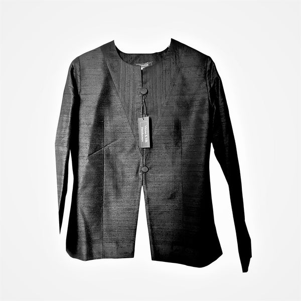 Hand woven raw silk jacket, collarless, gently fitted, black