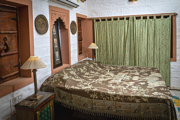 Reversible Cashmere bedspread or throw in Browns & Gold - exotic plants & animals design, handwoven