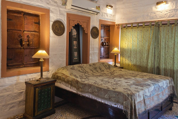 Reversible Cashmere bedspread or throw in Browns & Gold - exotic plants & animals design, handwoven