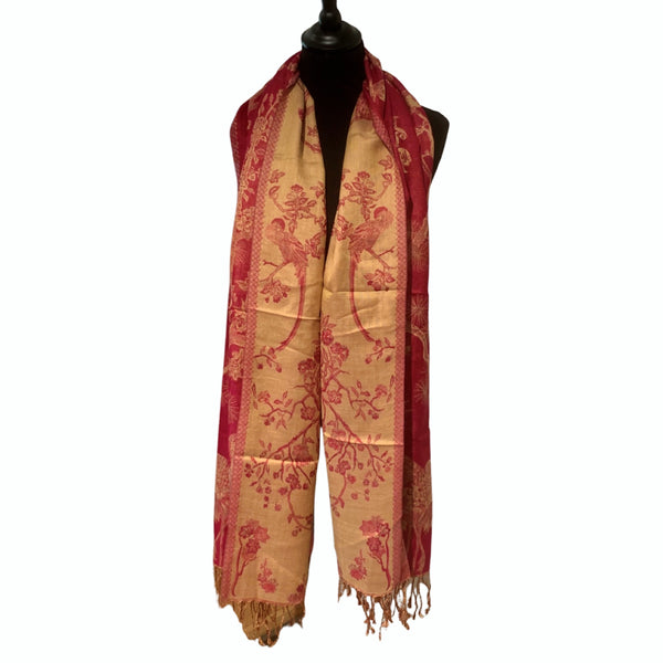 cashmere and silk handwoven pashmina in gold and red, reversible